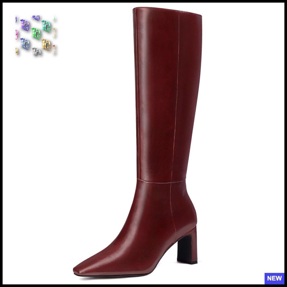 Knee High Boots Chunky Heel Square Toe Wide Calf Pull On Elegant Minimal Chic